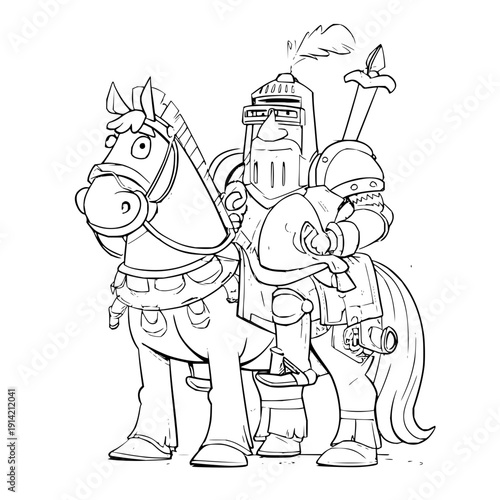 Medieval knight in armor riding horse with sword and shield illustration