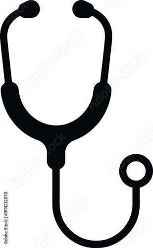Stylized black stethoscope silhouette icon with tubing, earpieces, and chest piece, symbolizing healthcare, medicine, diagnostics, and medical tools