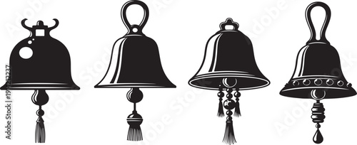 Set of four unique bells with decorative tassels and handles