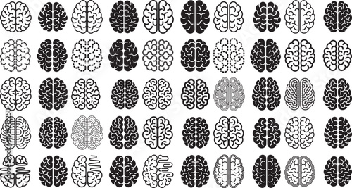 Collection of black and white human brain illustrations in various styles and designs