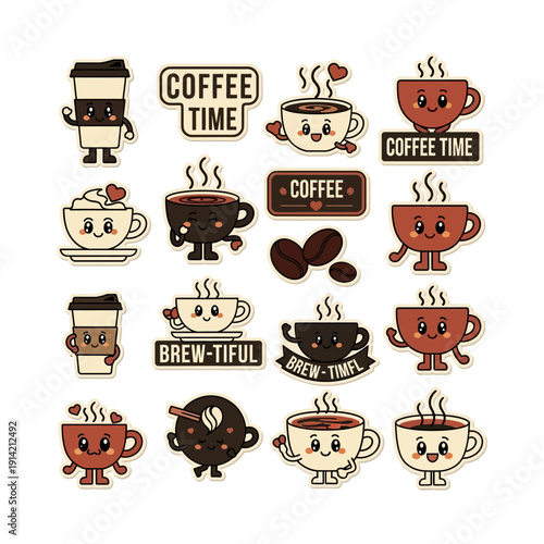 Collection of adorable coffee cup and mug characters with various expressions and coffee-themed phrases.