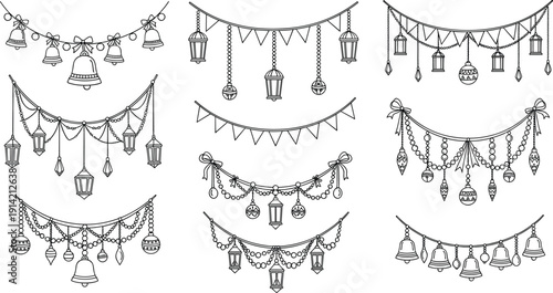 Large collection of festive decorative garlands and hanging banners featuring traditional lanterns bells ornaments and bunting flags in black and white line art style for holiday 