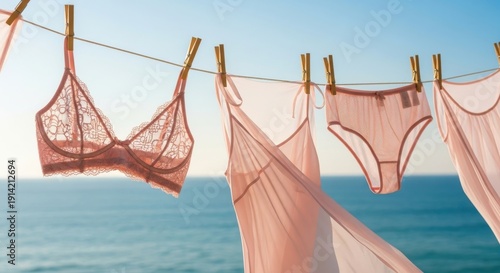Pink lingerie hanging on a clothesline by the sea