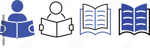 Reading book icon set, open book and literature symbols. open book sign and illustration. line stroke icon minimalist technology and education design elements.
