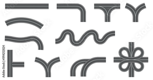 Asphalt road segments set for map design with junctions and curved path