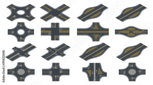 Asphalt road intersection set with roundabout and isometric junctions