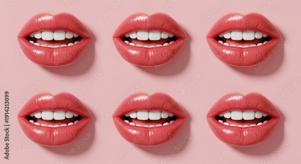 Obraz premium A group of lips with white teeth on pink background