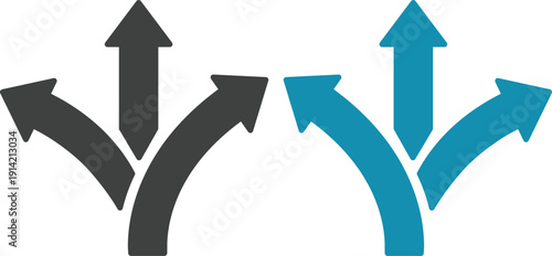 Navigation direction arrows icon set collection with multiple path choices, decision making and road fork symbols in blue and gray isolated on white background vector.