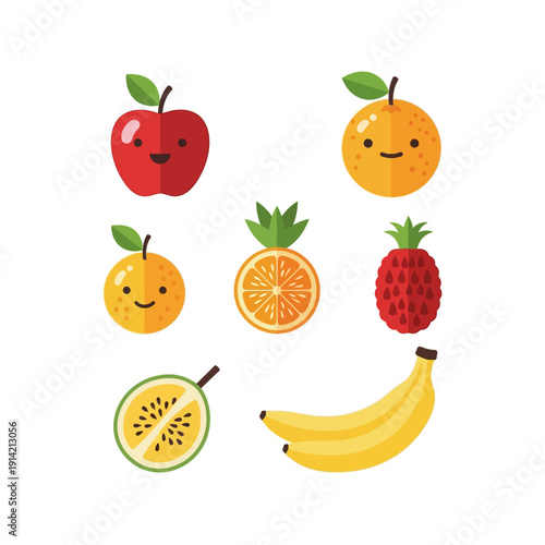 Assortment of cheerful cartoon fruits with happy faces.