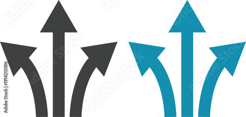 Navigation direction arrows icon set collection with multiple path choices, decision making and road fork symbols in blue and gray isolated on white background vector.