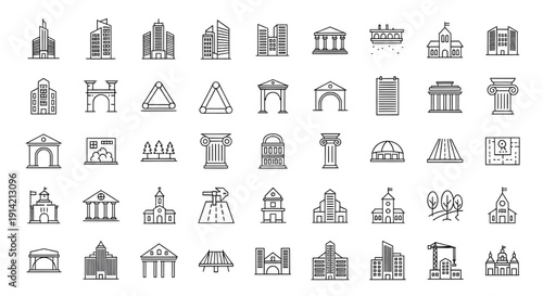 Architecture Icon Sheets in Minimalist Line Art Vector Style with Sharp Edges