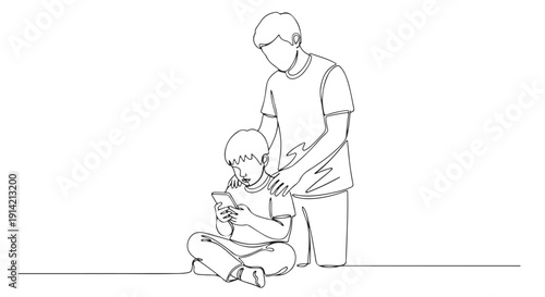 A supportive parent gently guides their child while they focus on a tablet device