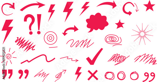hand-drawn colorful arrows, symbols, check marks, speech bubbles and underline doodles on transparent background. Fun sketch elements for note taking