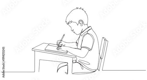 A focused boy meticulously writing in a notebook at his desk with a pencil, captured in a clean, minimalist line art style