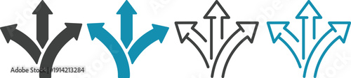 Navigation direction arrows icon set collection with multiple path choices, decision making and road fork symbols in blue and gray isolated on white background vector.