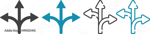 Navigation direction arrows icon set collection with multiple path choices, decision making and road fork symbols in blue and gray isolated on white background vector.