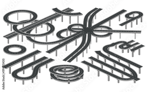 Elevated highway vector interchange cloverleaf loop ramps overpass lanes