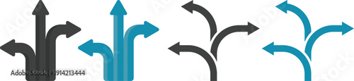 Navigation direction arrows icon set collection with multiple path choices, decision making and road fork symbols in blue and gray isolated on white background vector.