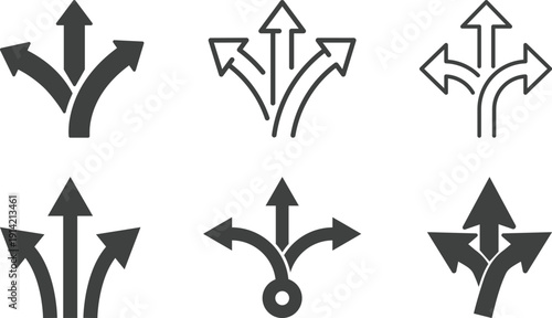 Navigation direction arrows icon set collection with multiple path choices, decision making and road fork symbols in blue and gray isolated on white background vector.