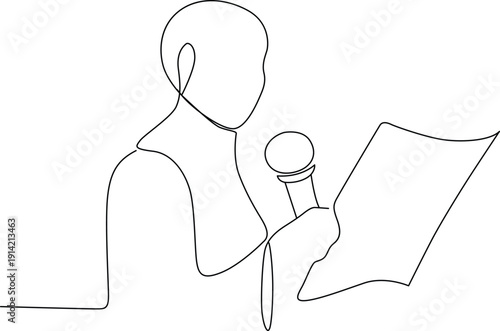 A person holding a microphone while reading from a piece of paper Vector