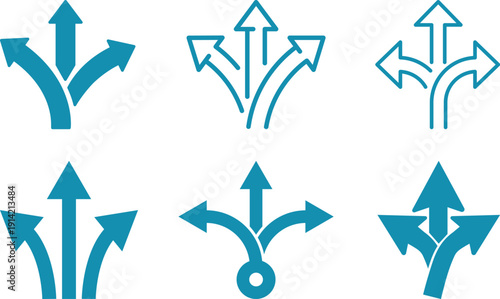 Navigation direction arrows icon set collection with multiple path choices, decision making and road fork symbols in blue and gray isolated on white background vector.