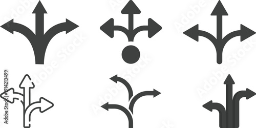 Navigation direction arrows icon set collection with multiple path choices, decision making and road fork symbols in blue and gray isolated on white background vector.