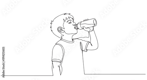 Continuous line art illustration of a young boy hydrating himself by drinking water from a reusable bottle, symbolizing health, thirst relief, and active lifestyle