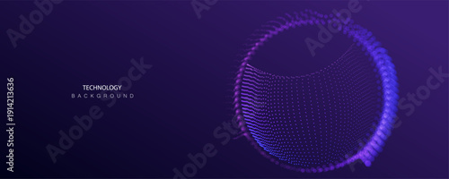 AI Science particles blurred circle banner in purple gradient. Dots technology big data neon round background. Artificial Intelligence futuristic circles connect design.