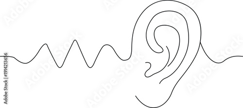 A stylized illustration of an ear with sound waves flowing around it. Vector