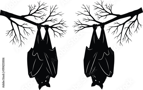 Black silhouette of bats hanging upside down from tree branches, spooky Halloween night animals, cad drawing flat vector illustration, isolated.