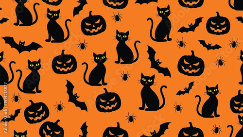 Halloween-themed pattern with black cats, jack-o'-lanterns, bats, and spiders on an orange background, conveying a spooky and festive mood.