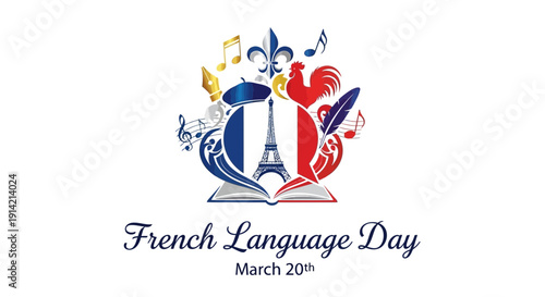Celebrating French Language Day on March 20th with cultural symbols and linguistic elements in a vibrant graphic illustration