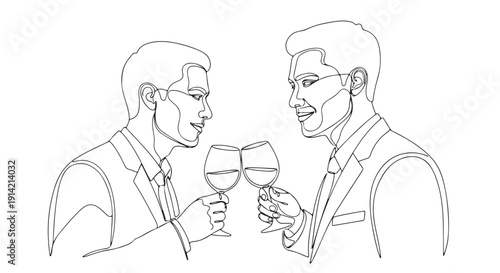 Elegant Line Art Illustration of Two Gentlemen toasting with Wine Glasses