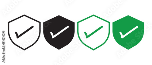 Set of Four Security Shield Icons with Check Marks in Outline and Solid Styles