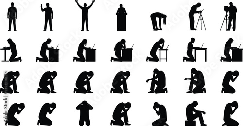 Black silhouette set of people in various poses, sad crying man, student working on laptop, cad drawing flat vector illustration.