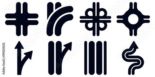 Road interchange icons highway traffic flow vector set signage