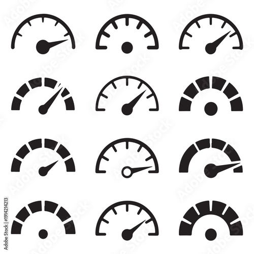 Collection of eleven black and white speedometer dials and gauges with needles showing different levels, isolated on transparent background, representing speed and measurement
