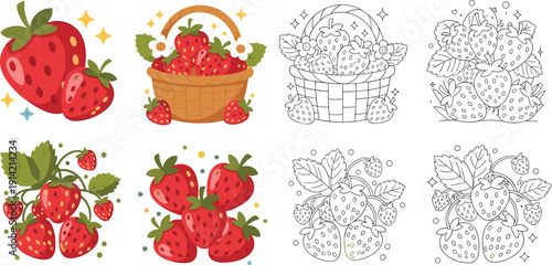 Playful collection of strawberry vector graphics including cute berry clusters baskets and decorative elements with sparkles in vibrant red and black
