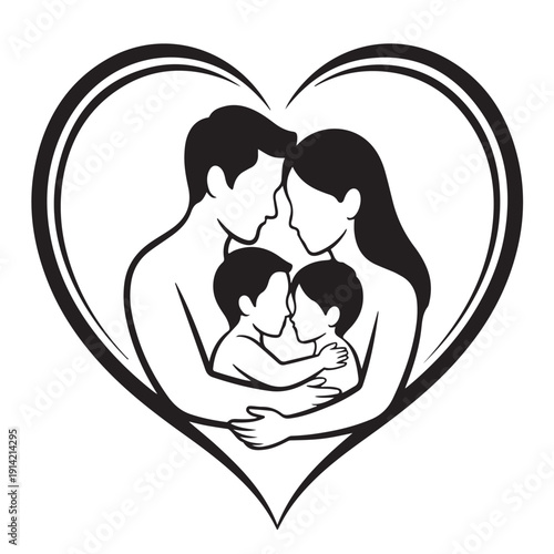 Family love concept illustration with mother father and two children embraced inside heart frame for happy parenthood celebration domestic life symbol unity and generational bonding vector