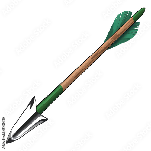 Realistic vector illustration of single wooden arrow with metallic arrowhead and green feather fletching for archery hunting weapon concept