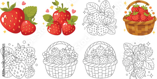 Large set of sweet strawberry vector illustrations including red ripe berries with green leaves wicker baskets full of fruit and black and white line art perfect for coloring books stickers 