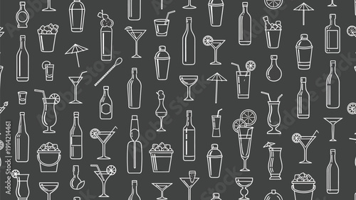 Seamless pattern of various cocktail and drink line icons on a dark background. Includes bottles, glasses, and mixers, conveying a fun, lively vibe.