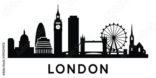 A black silhouette of the London skyline with iconic landmarks including Tower Bridge, Big Ben, St. Paul’s Cathedral, the London Eye, and modern skyscrapers, featuring bold “London” typography.