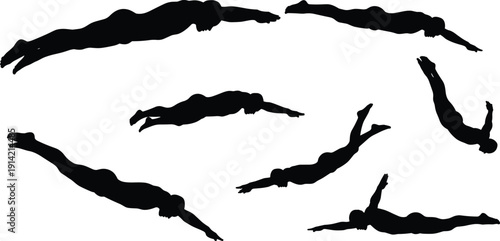 Black silhouette set of professional swimmers in pool, people swimming in various water poses, cad drawing flat vector illustration, isolated.