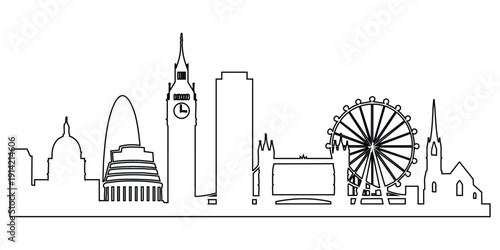 Clean line‑art illustration of the London skyline featuring Tower Bridge, Big Ben, St. Paul’s Cathedral, the London Eye, and modern buildings in a minimalist black outline cityscape style. 