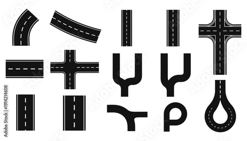 Road intersection vector icons curved straight y junction loop highway