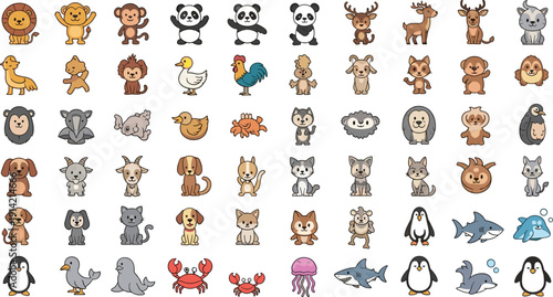 Mega collection of cute animal vector icons featuring panda lion monkey penguin and sea creatures in a kawaii chibi style perfect for children stickers educational materials 