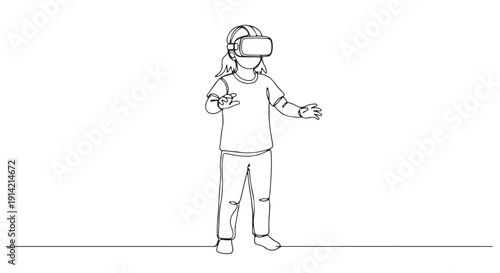 Minimalist one line art illustration of a person wearing a VR headset, actively interacting with an immersive digital environment