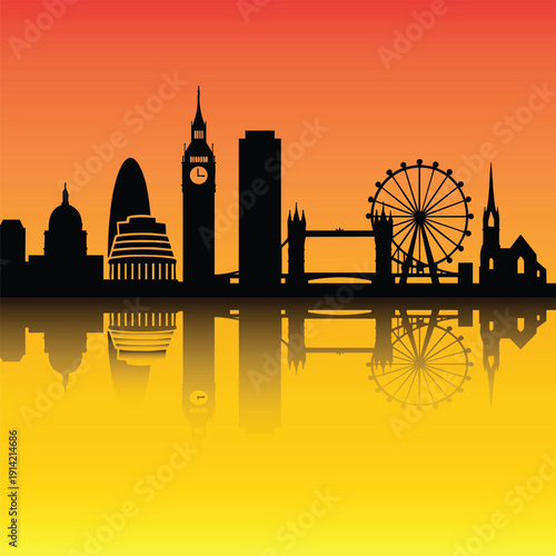 Vibrant gradient London skyline silhouette with iconic landmarks, including Tower Bridge, Big Ben, St. Paul’s Cathedral, the London Eye, and modern buildings, featuring a mirrored reflection effect. 
