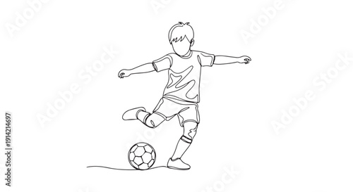 Dynamic continuous line art illustration of a young boy joyfully playing soccer, capturing the energetic movement of kicking a football in a minimalist vector style